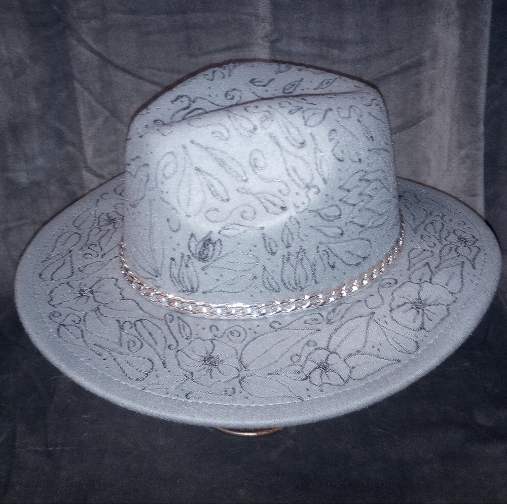 Hand Drawn Hand Burned Grey Wide Brim Fedora Hat
